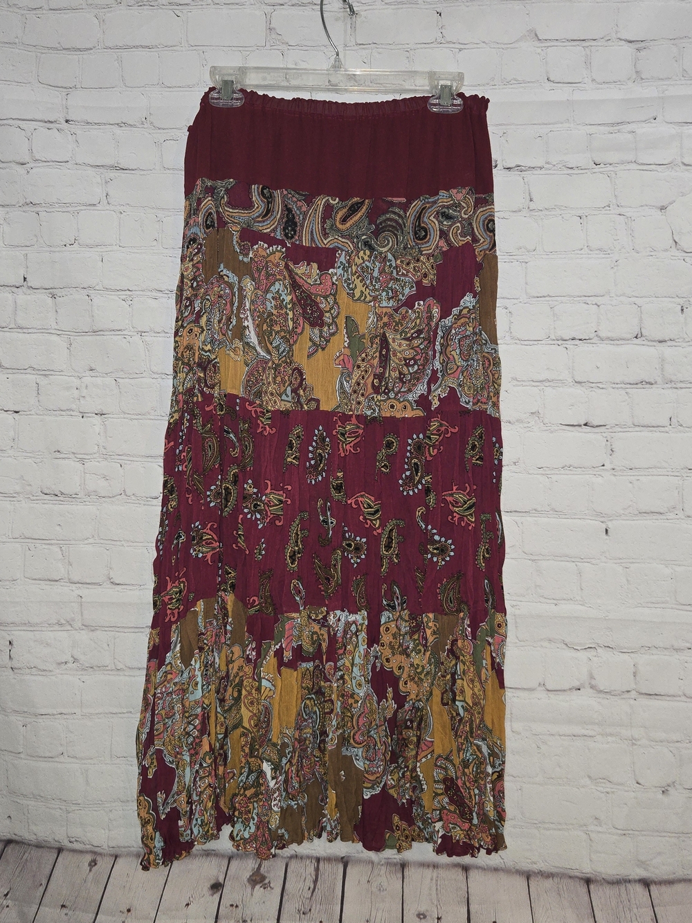 Bohemian Paisley Tiered Broomstick Maxi Skirt - Burgundy & Mustard Unbranded